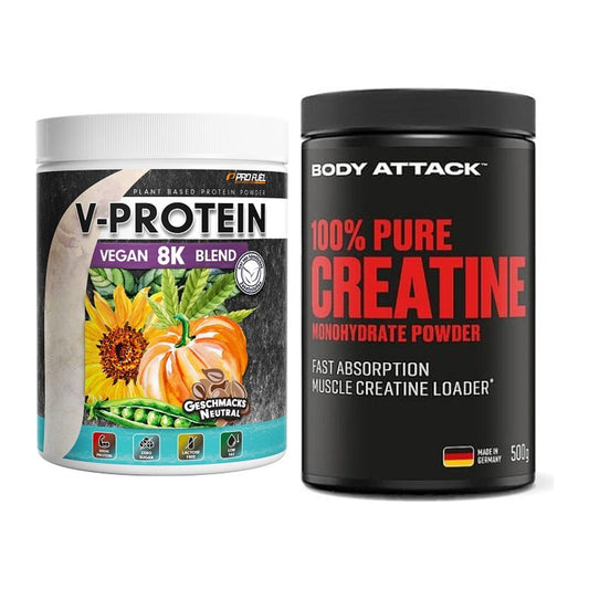 Muskelaufbau-Set: ProFuel V-Protein Vegan + Body Attack 100% Pure – alle enthaltenen Artikel