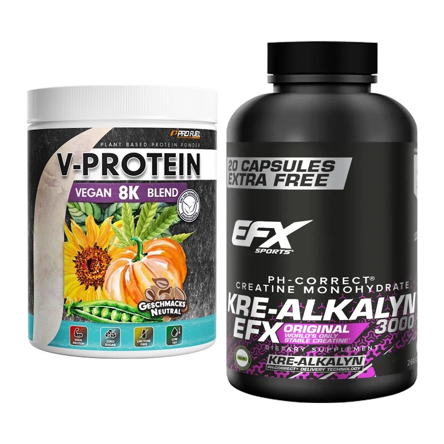 Muskelaufbau-Set: ProFuel V-Protein Vegan + EFX Kre-Alkalyn 3000 – alle enthaltenen Artikel
