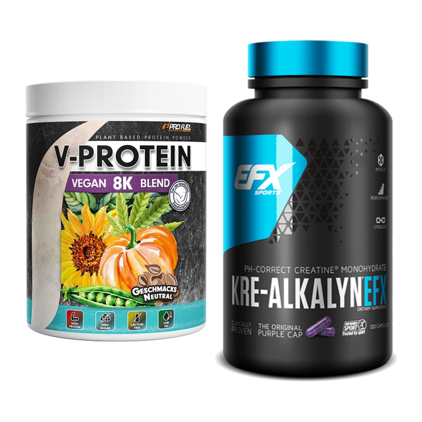 Muskelaufbau-Set: ProFuel V-Protein Vegan 8K Blend + EFX Kre-Alkalyn – alle enthaltenen Artikel