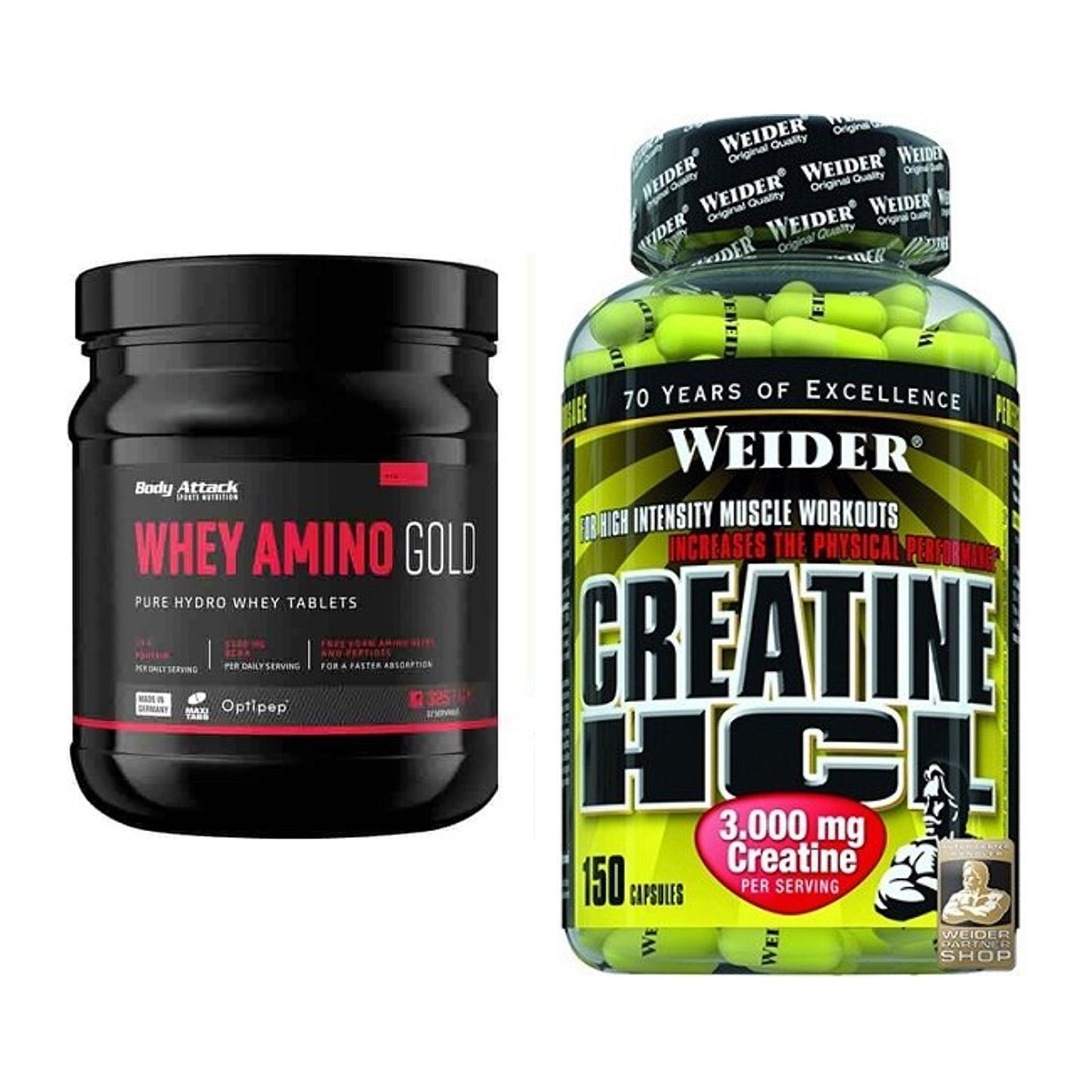 Muskelaufbau-Set: Body Attack Whey Amino Gold + Weider Creatin HCL – alle enthaltenen Artikel