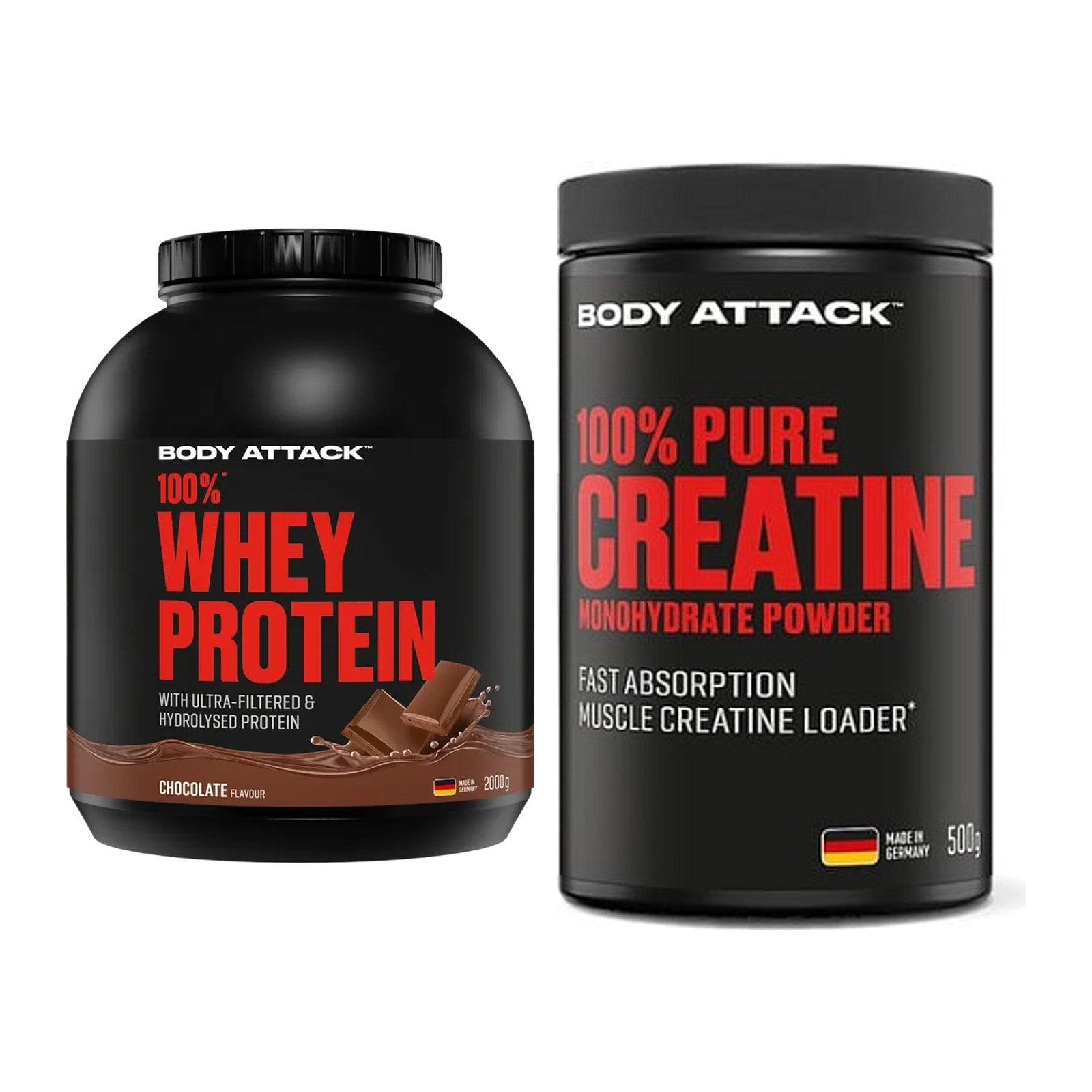 Muskelaufbau-Set: Body Attack 100% Whey + Body Attack 100% Pure – alle enthaltenen Artikel