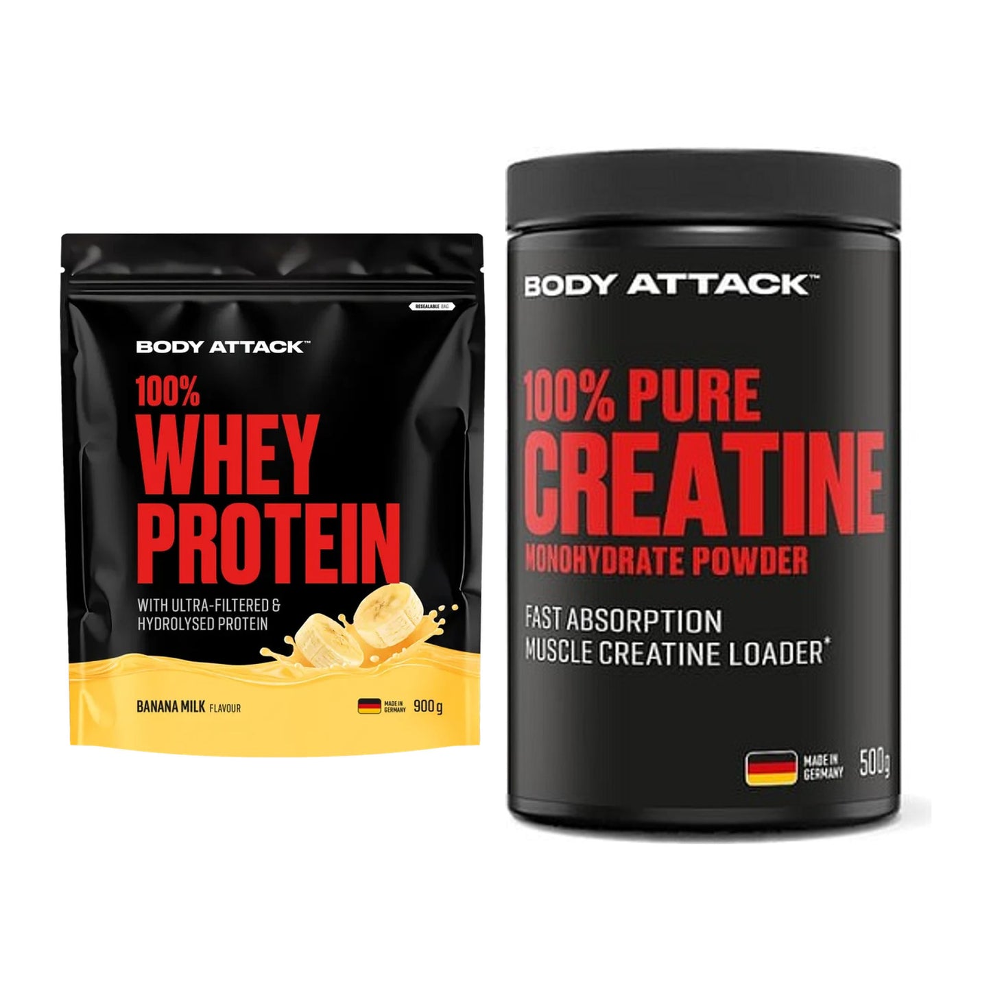 Muskelaufbau-Set: Body Attack 100% Whey + Body Attack 100% Pure – alle enthaltenen Artikel