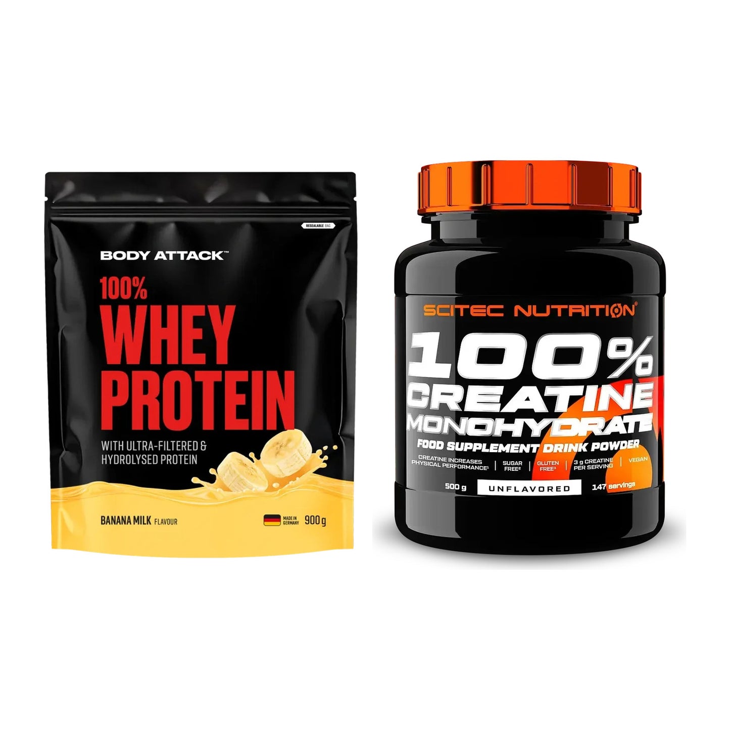 Muskelaufbau-Set: Body Attack 100% Whey + Scitec Creatine – alle enthaltenen Artikel