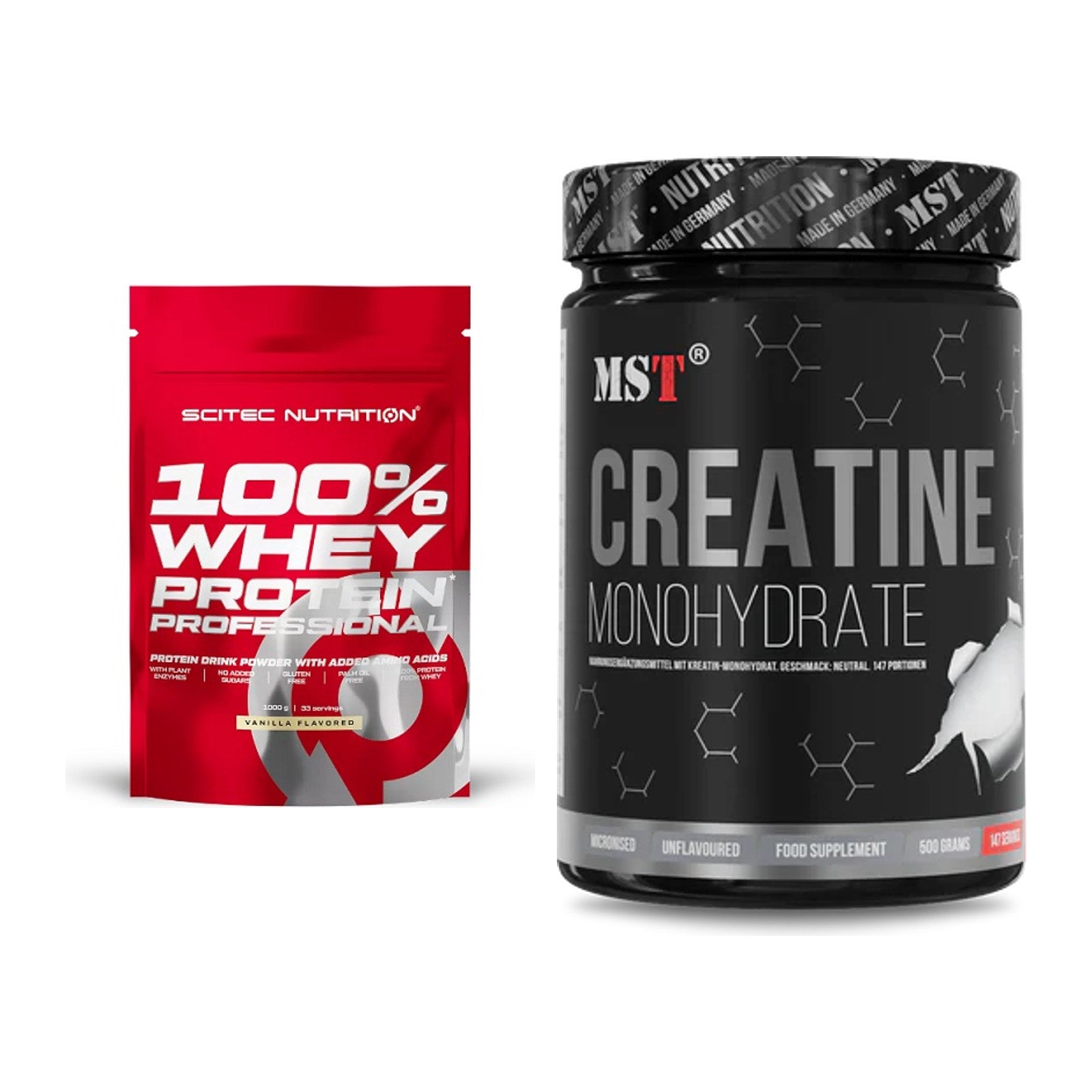 Muskelaufbau-Set: Scitec 100% Whey Protein + MST Creatin Monohydrate – alle enthaltenen Artikel