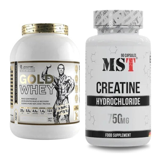 Spieropbouwset: Kevin Levrone Gold Whey + MST Creatine HCL - alle items inbegrepen