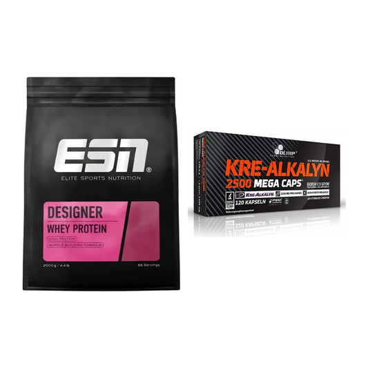 Muskelaufbau-Set: ESN Designer Whey + Olimp Kre Alkalyn 2500 – alle enthaltenen Artikel