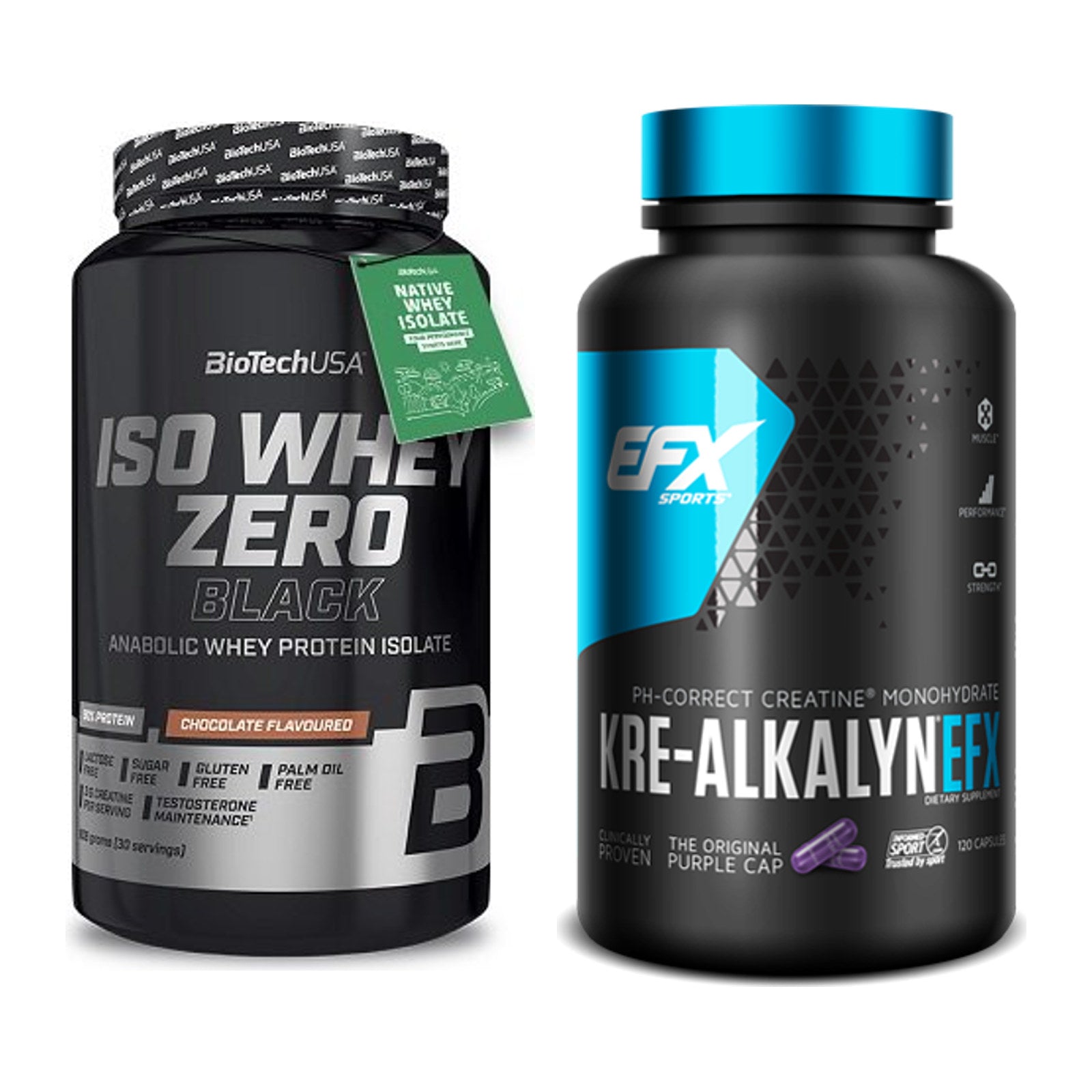 Muskelaufbau-Set: BioTech Iso Whey Zero Black + EFX Kre-Alkalyn – alle enthaltenen Artikel
