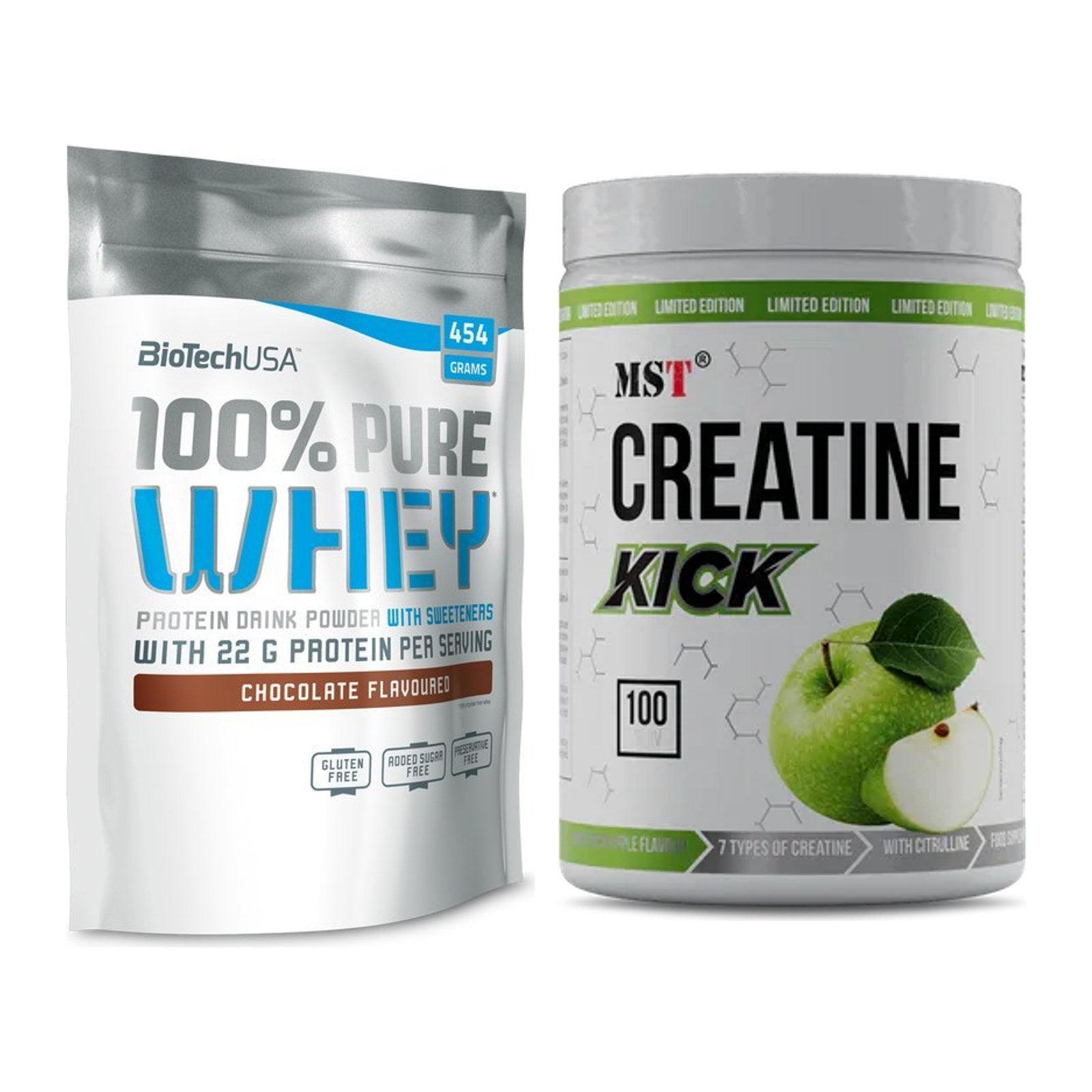 Muskelaufbau-Set: BioTech 100% Pure Whey + MST Creatine Kick – alle enthaltenen Artikel