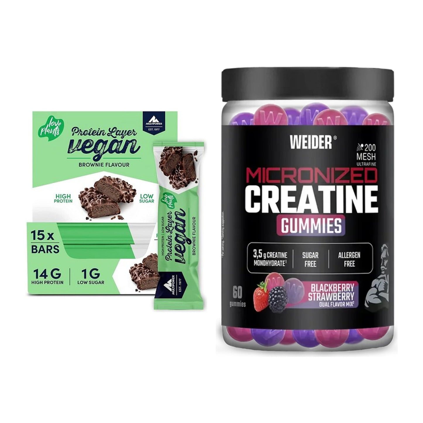 Muskelaufbau-Set: Multipower Vegan Protein + Weider Micronized – alle enthaltenen Artikel