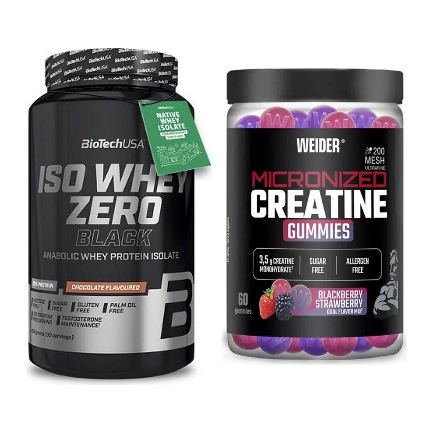 Muskelaufbau-Set: BioTech Iso Whey Zero + Weider Micronized – alle enthaltenen Artikel