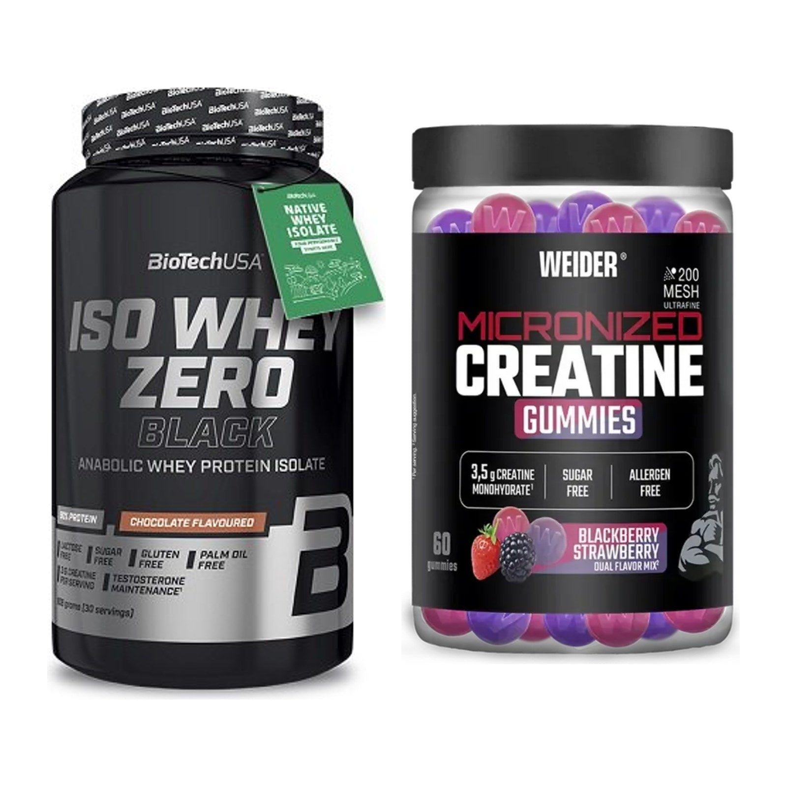 Muskelaufbau-Set: BioTech Iso Whey Zero + Weider Micronized – alle enthaltenen Artikel