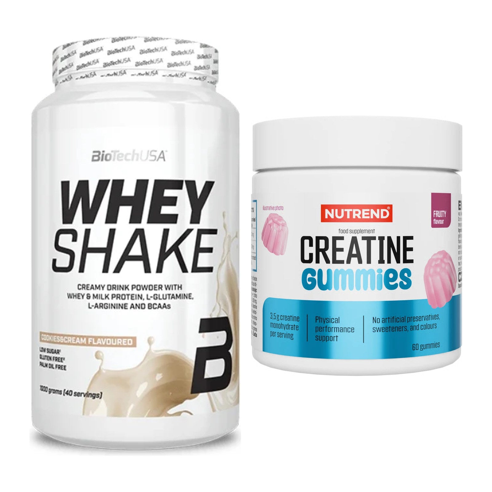 Muskelaufbau-Set: BioTech Whey Shake + Nutrend Creatine Gummies Fruity – alle enthaltenen Artikel