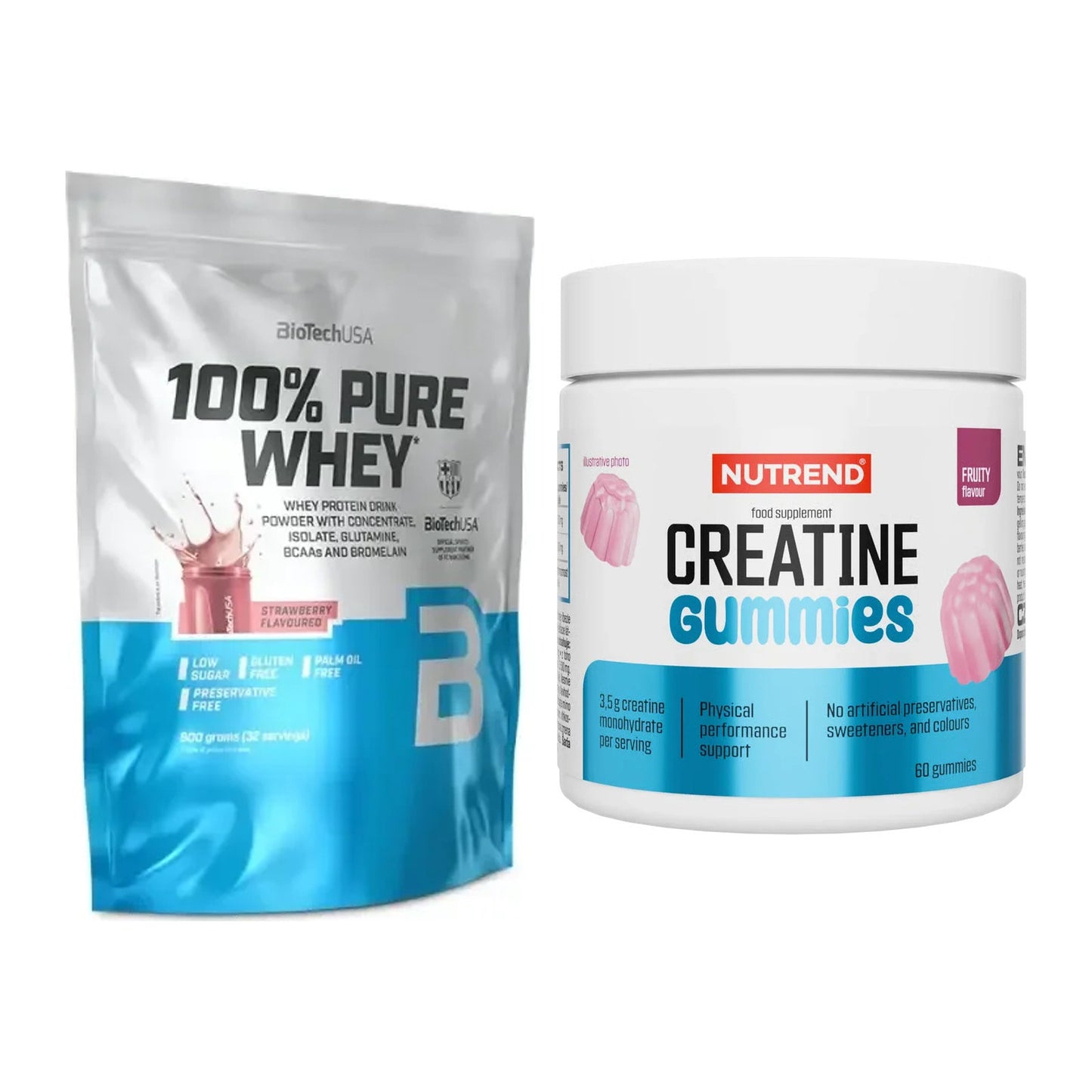 Muskelaufbau-Set: BioTech 100% Pure Whey + Nutrend Creatine Gummies – alle enthaltenen Artikel
