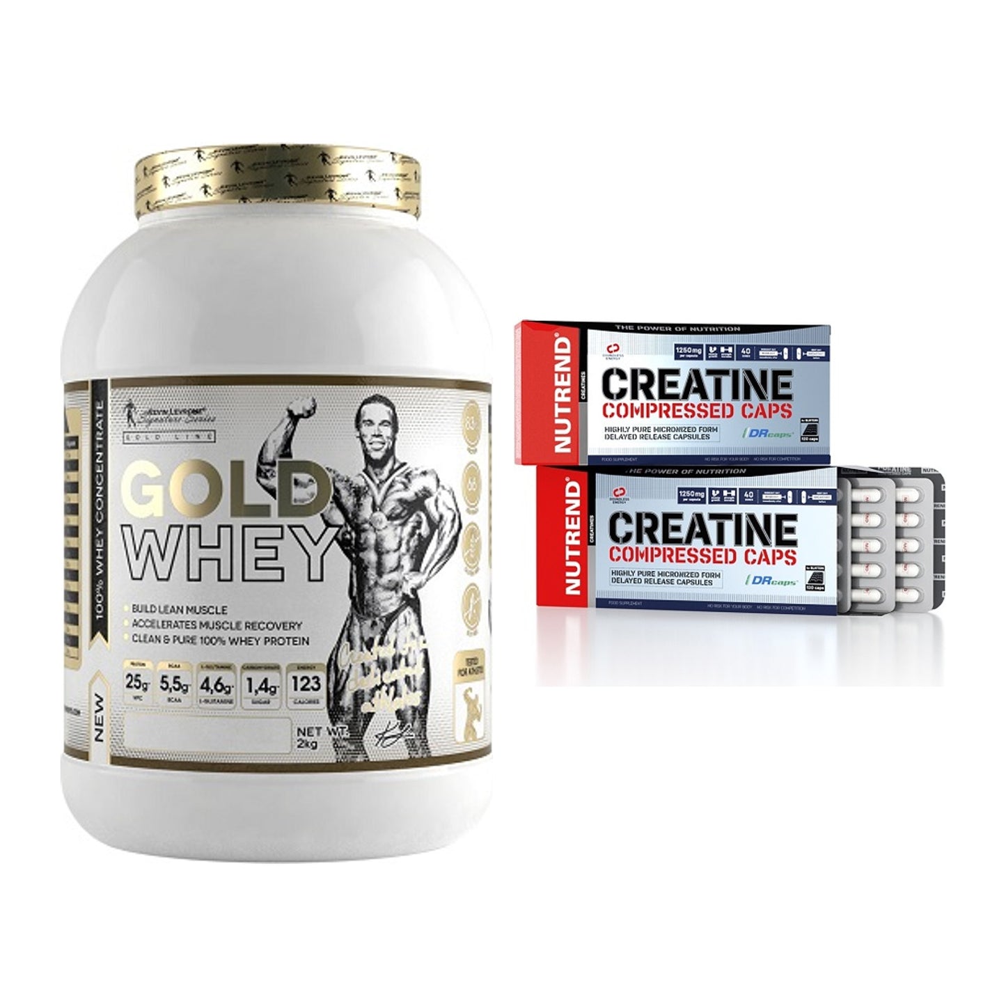 Muskelaufbau-Set: Kevin Levrone Gold Whey + Nutrend Creatine – alle enthaltenen Artikel