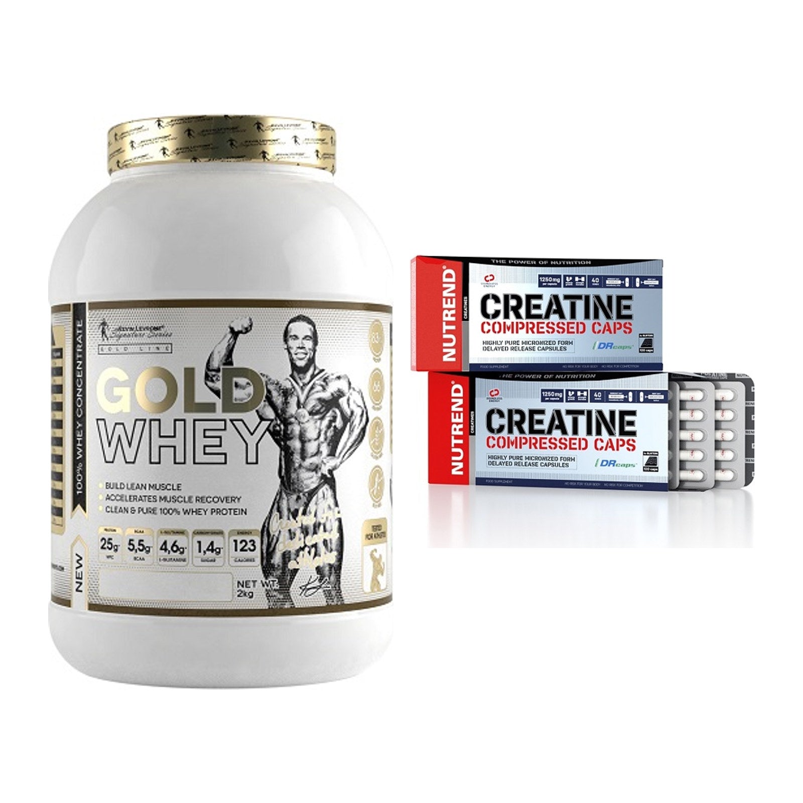 Muskelaufbau-Set: Kevin Levrone Gold Whey + Nutrend Creatine – alle enthaltenen Artikel