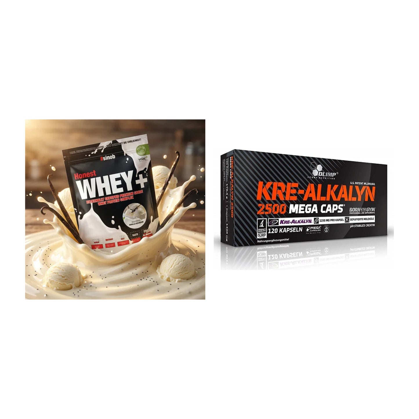 Muskelaufbau-Set: Sinob Honest Whey+ + Olimp Kre Alkalyn 2500 – alle enthaltenen Artikel