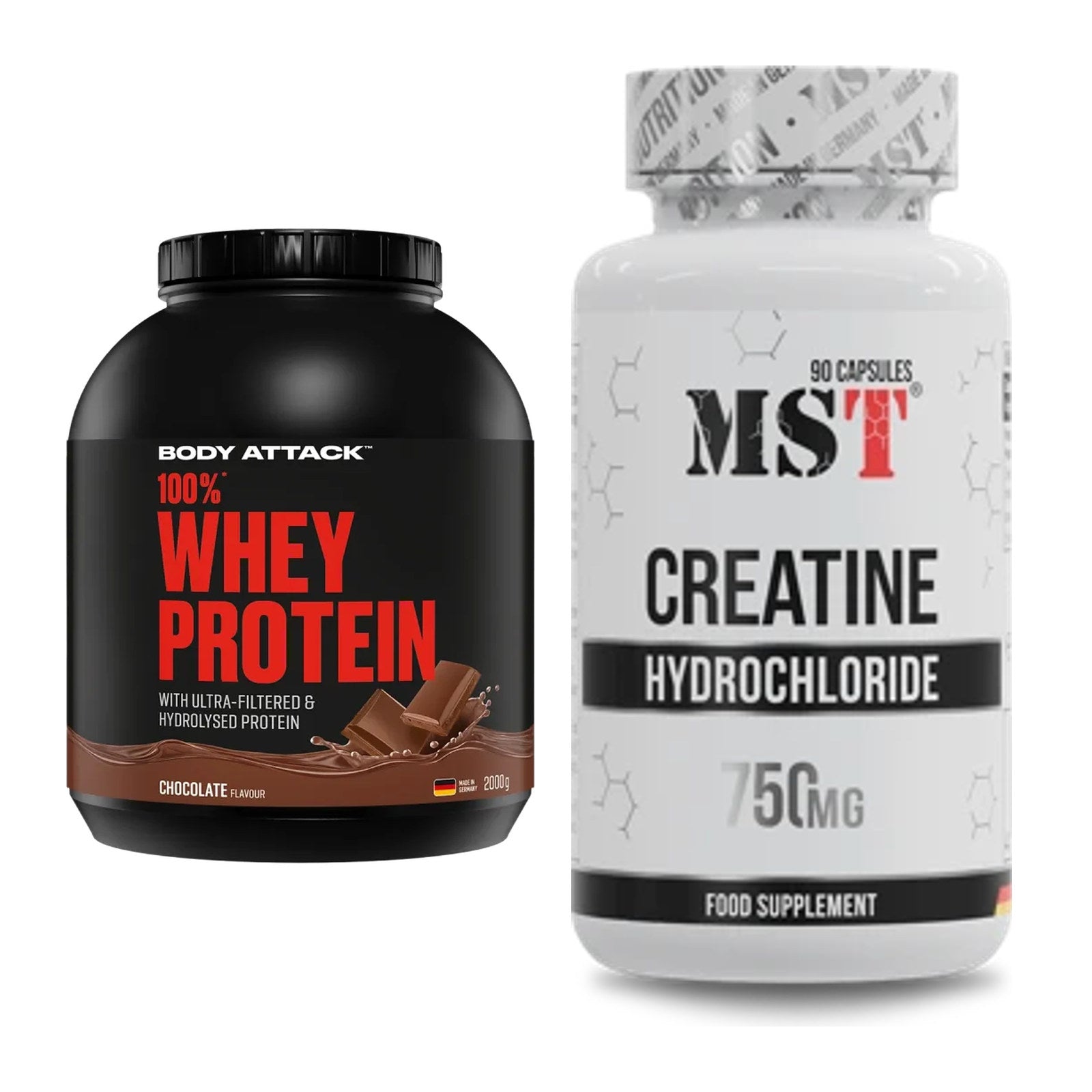 Muskelaufbau-Set: Body Attack 100% Whey Protein + MST Creatin HCL – alle enthaltenen Artikel