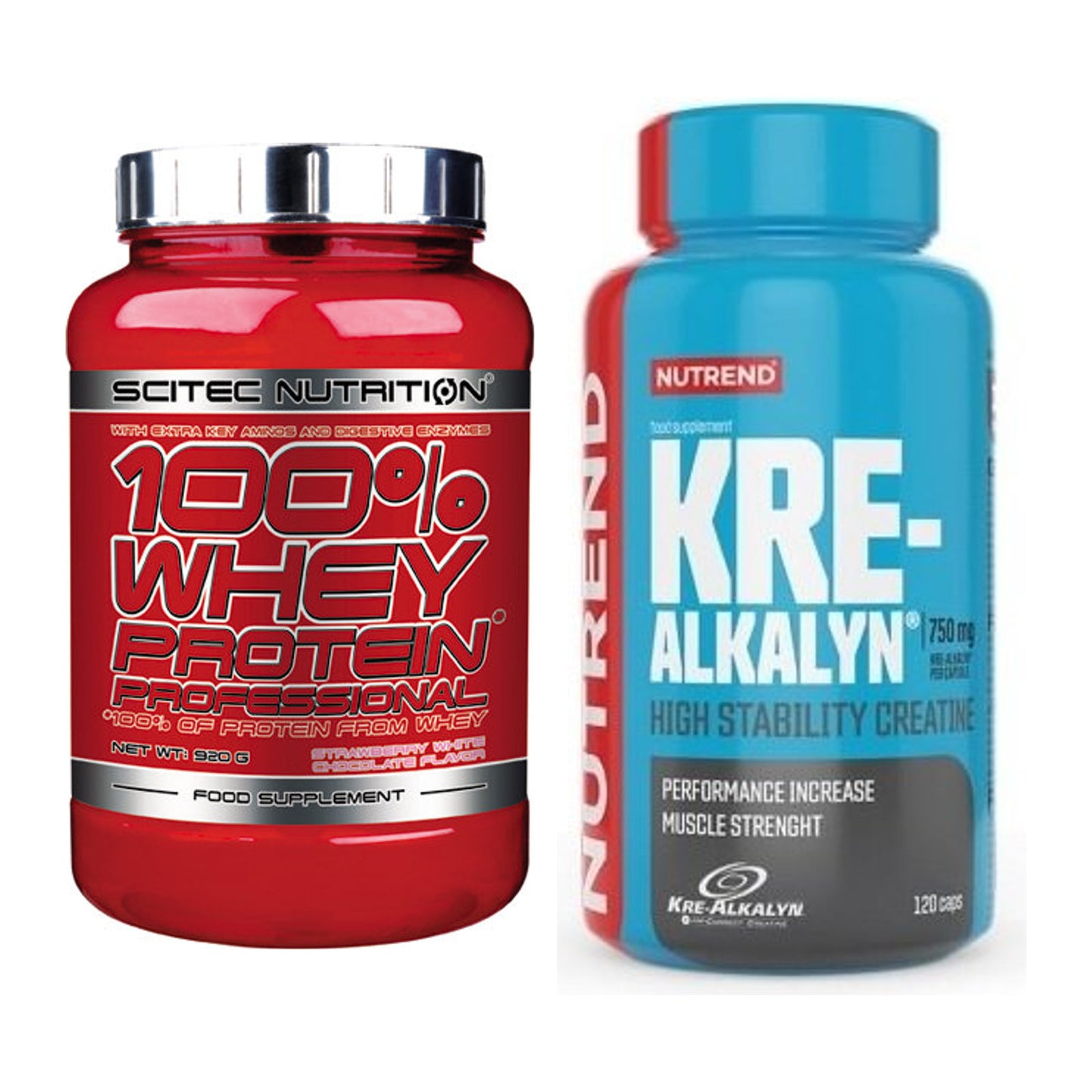 Muskelaufbau-Set: Scitec 100% Whey + Nutrend Kre-Alkalyn – alle enthaltenen Artikel