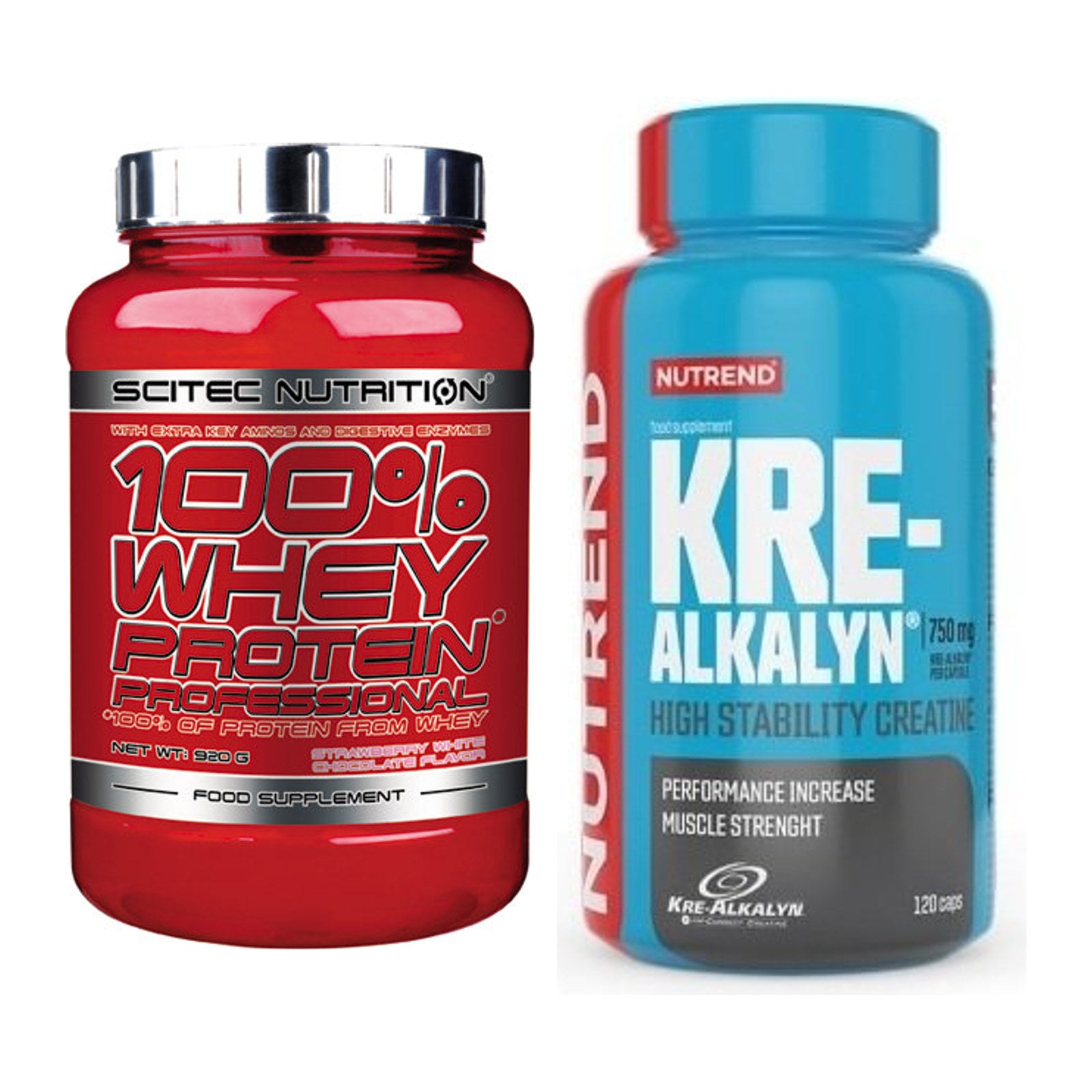 Muskelaufbau-Set: Scitec 100% Whey + Nutrend Kre-Alkalyn – alle enthaltenen Artikel