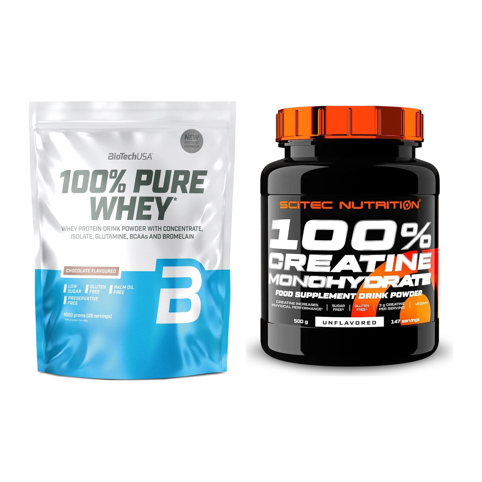 Muskelaufbau-Set: BioTech 100% Pure Whey + Scitec Creatine Monohydrate – alle enthaltenen Artikel