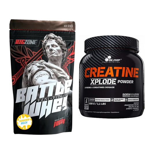 Muskelaufbau-Set: Big Zone Battle Whey + Olimp Creatine Xplode – alle enthaltenen Artikel