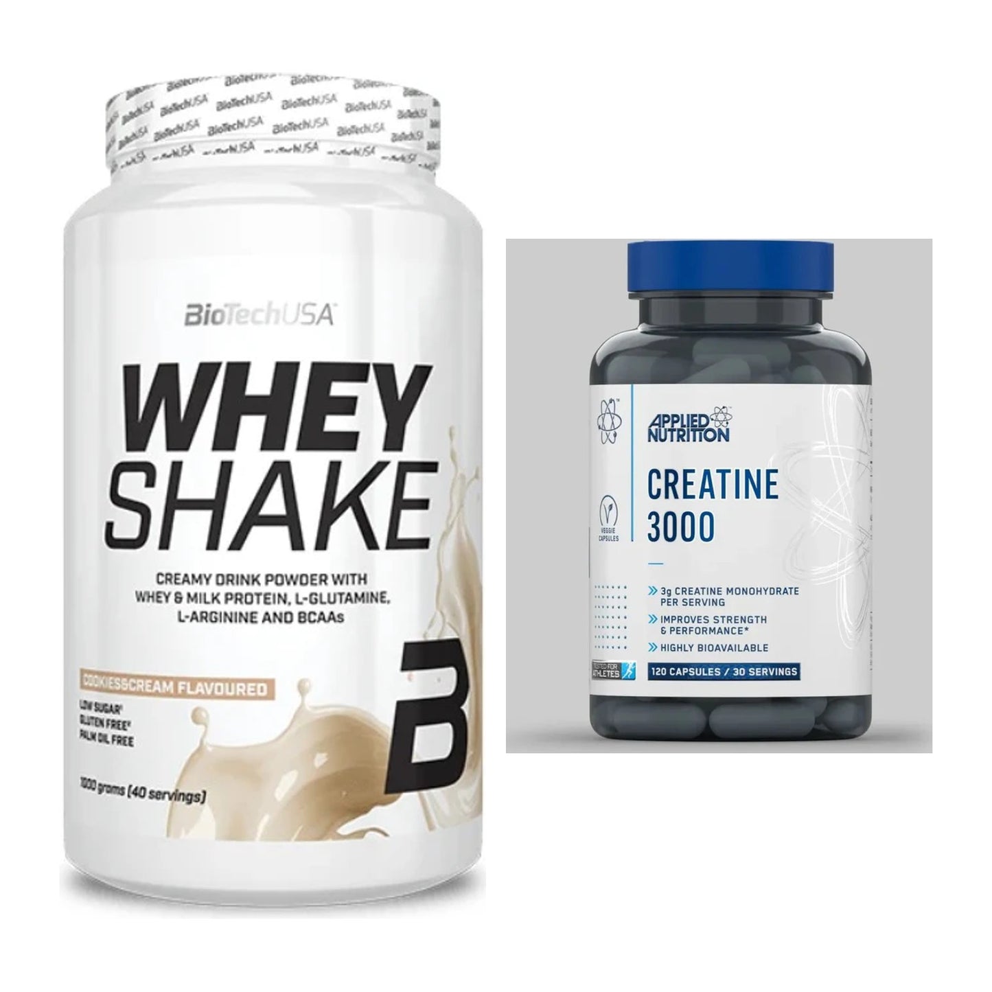 Muskelaufbau-Set: BioTech Whey Shake + Applied Nutrition Creatine 3000 – alle enthaltenen Artikel