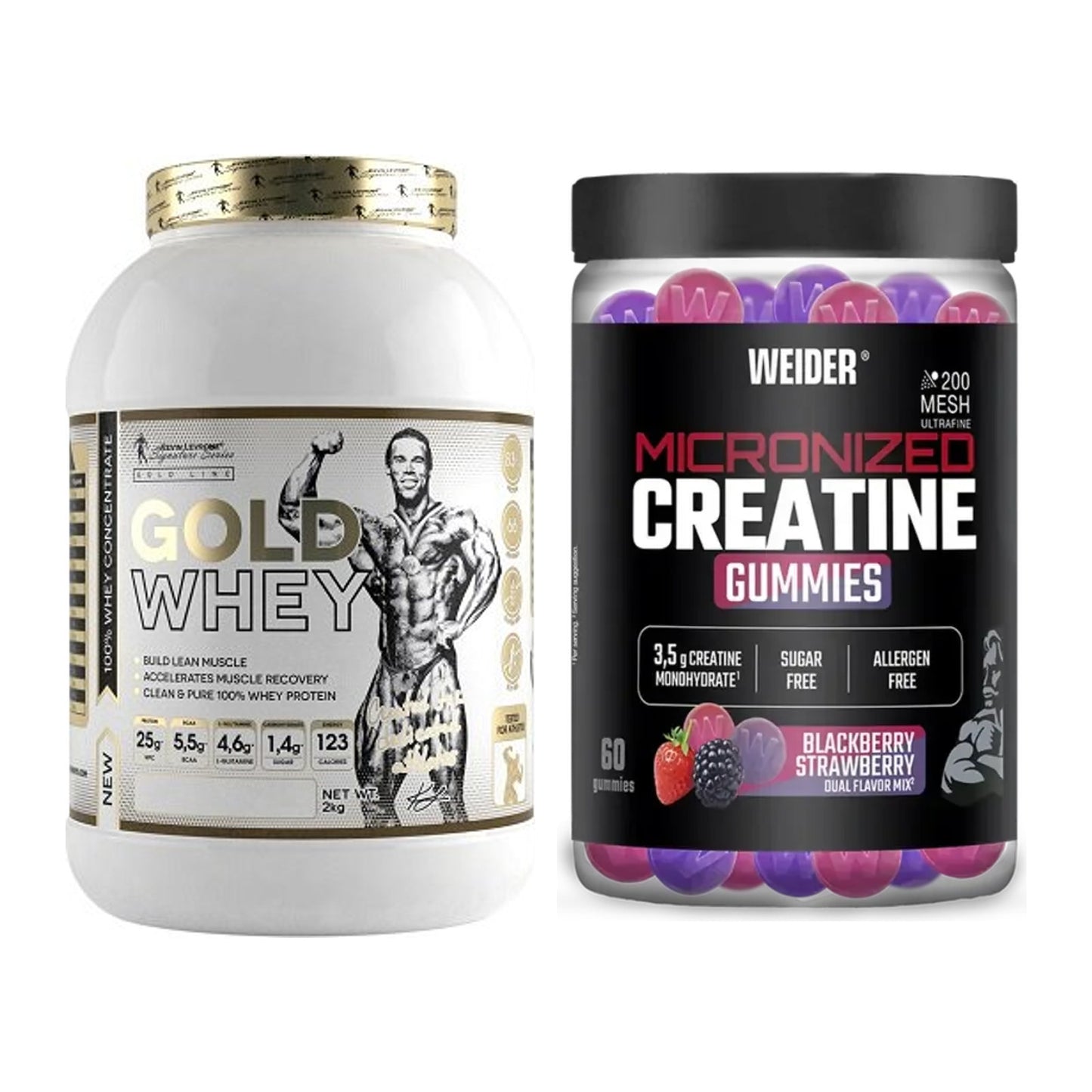 Muskelaufbau-Set: Kevin Levrone Gold Whey + Weider Micronized – alle enthaltenen Artikel