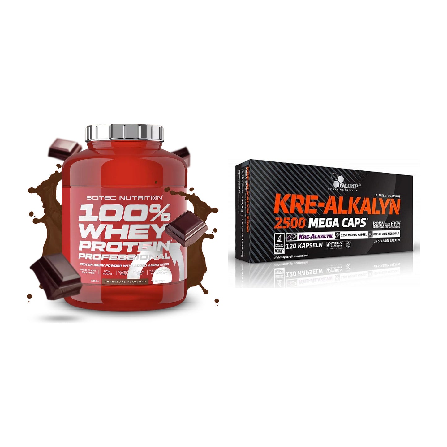 Muskelaufbau-Set: Scitec 100% Whey + Olimp Kre Alkalyn 2500 – alle enthaltenen Artikel