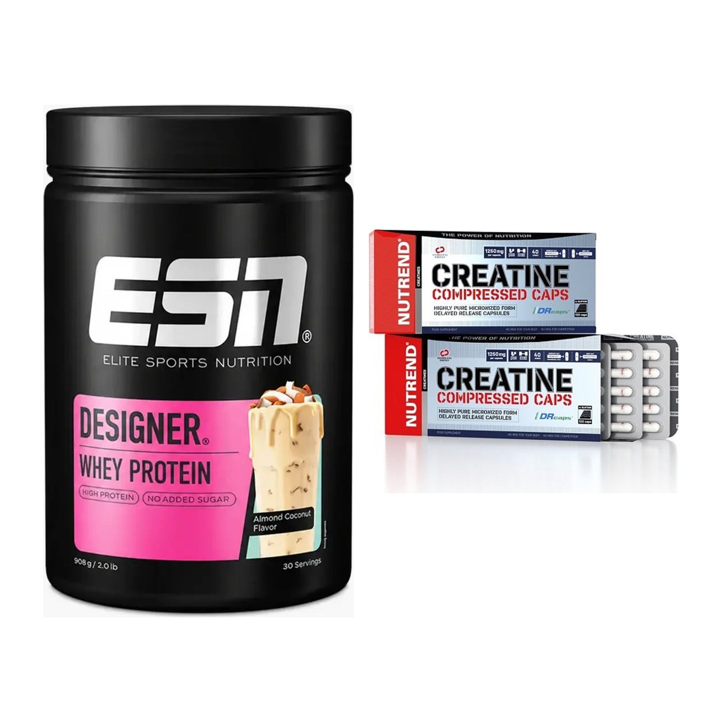 Muskelaufbau-Set: ESN Designer Whey + Nutrend Creatine Compressed Caps – alle enthaltenen Artikel