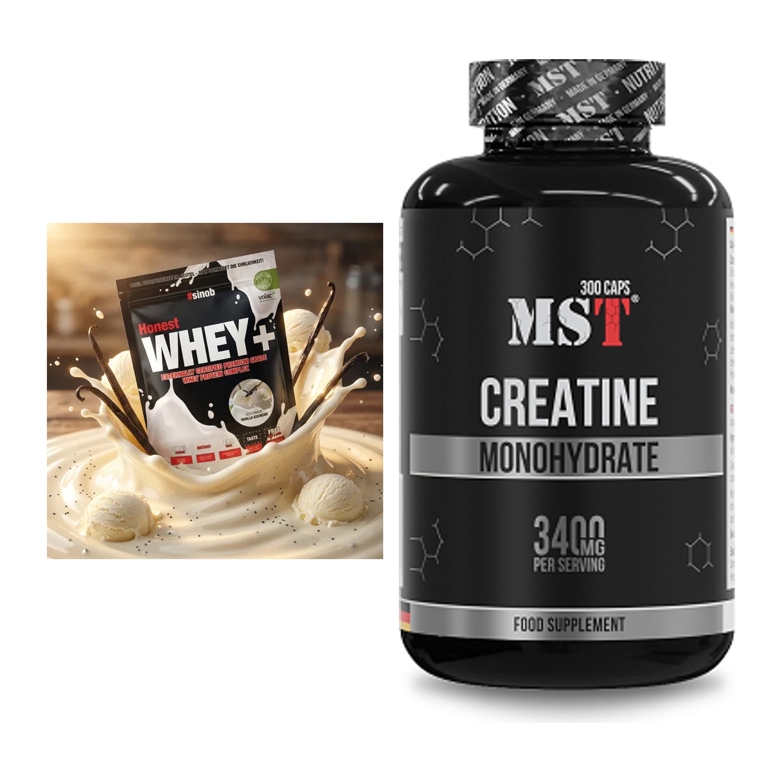 Muskelaufbau-Set: Sinob Honest Whey+ + MST Creatine Monohydrate – alle enthaltenen Artikel