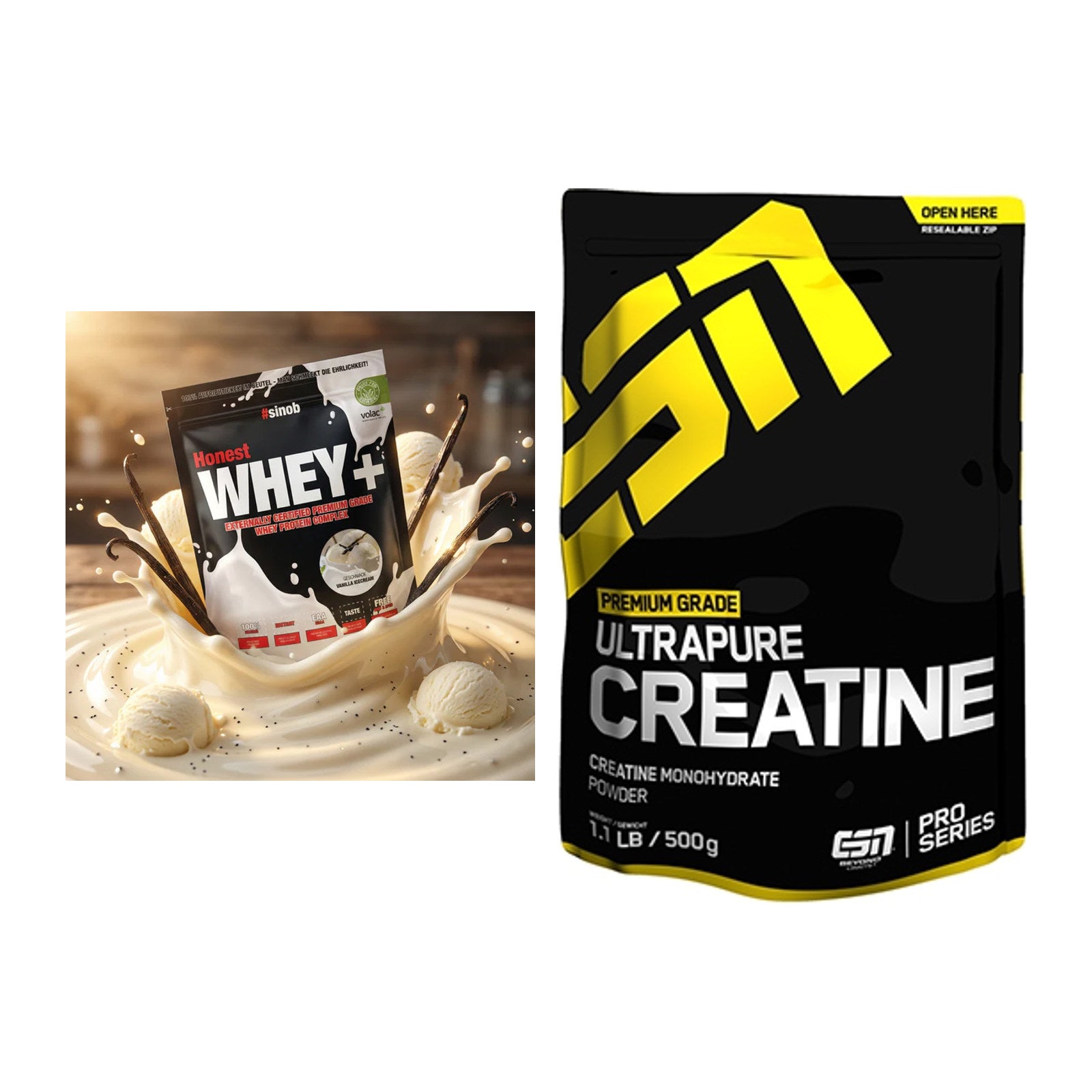 Muskelaufbau-Set: Sinob Honest Whey+ + ESN Ultrapure Creatine – alle enthaltenen Artikel
