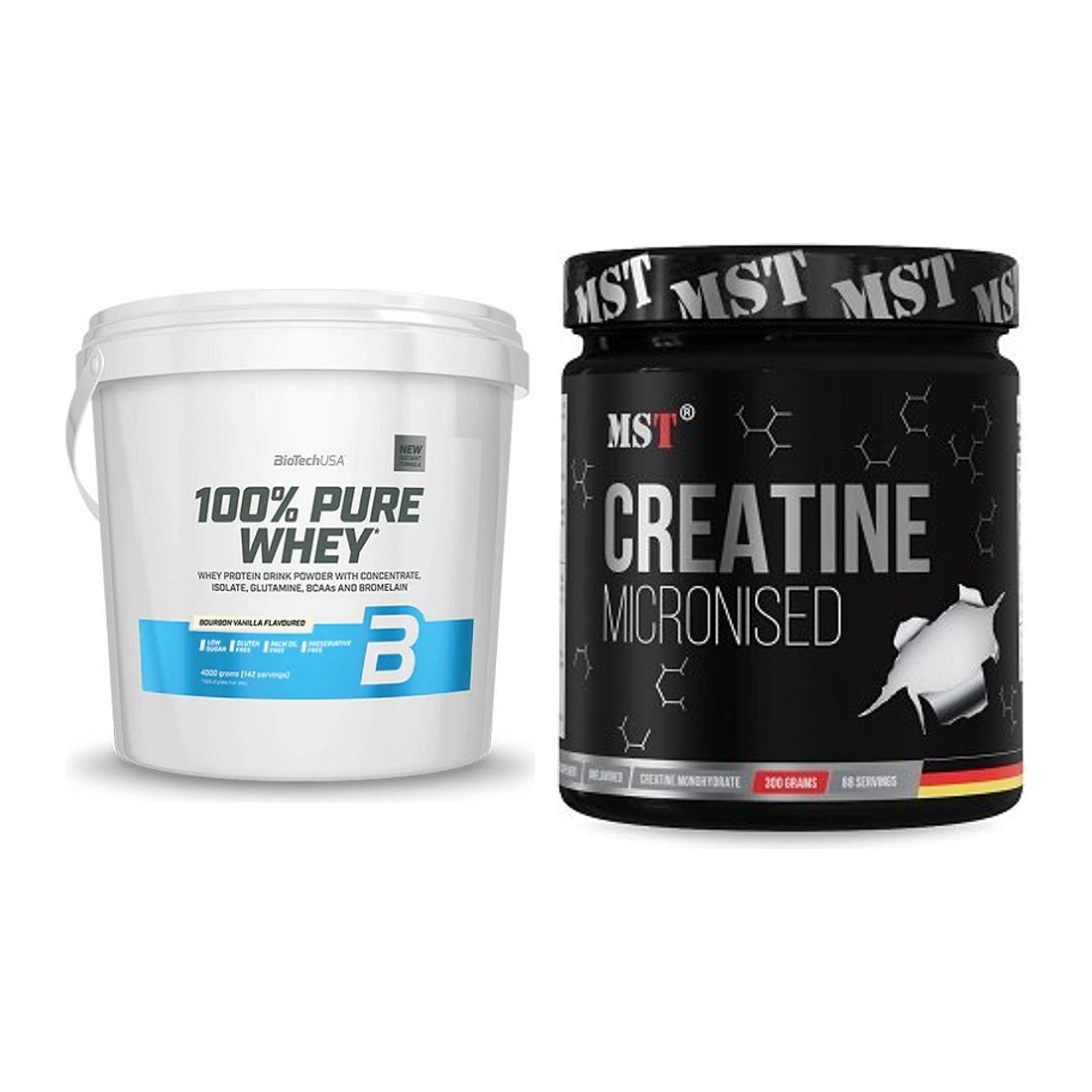 Muskelaufbau-Set: BioTech 100% Pure Whey + MST Creatin Monohydrate – alle enthaltenen Artikel