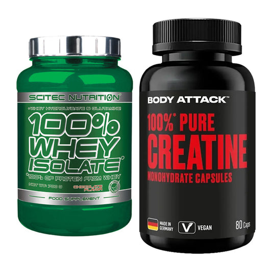 Muskelaufbau-Set: Scitec Whey Isolate + Body Attack 100% Pure Creatine – alle enthaltenen Artikel
