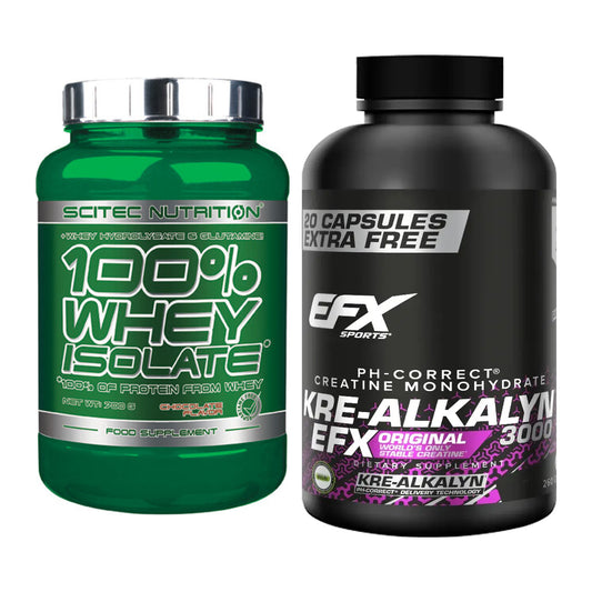 Muskelaufbau-Set: Scitec Whey Isolate + EFX Kre-Alkalyn 3000 – alle enthaltenen Artikel