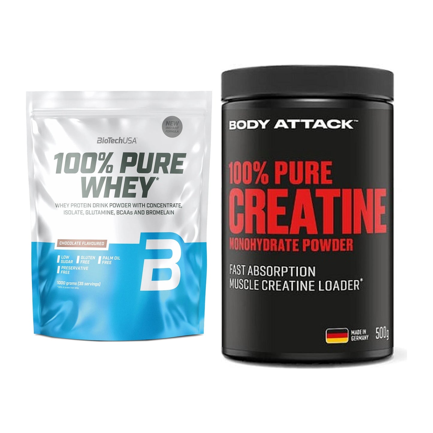 Muskelaufbau-Set: BioTech 100% Pure Whey + Body Attack 100% Pure – alle enthaltenen Artikel