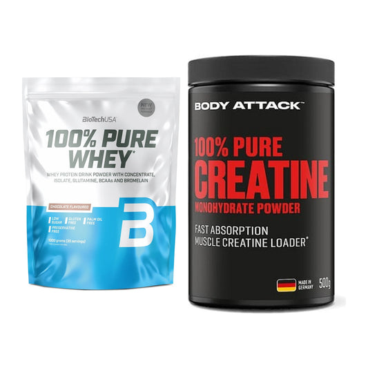 Muskelaufbau-Set: BioTech 100% Pure Whey + Body Attack 100% Pure – alle enthaltenen Artikel