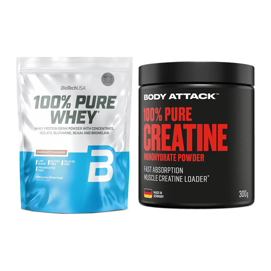 Muskelaufbau-Set: BioTech 100% Pure Whey + Body Attack 100% Pure – alle enthaltenen Artikel