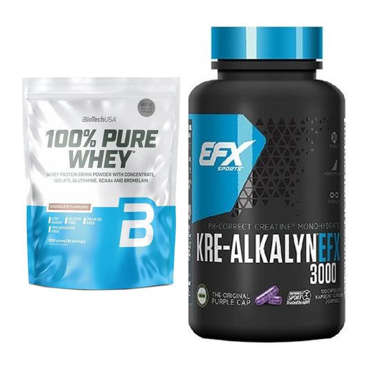Muskelaufbau-Set: BioTech 100% Pure Whey 1000g + EFX Kre-Alkalyn 3000 – alle enthaltenen Artikel