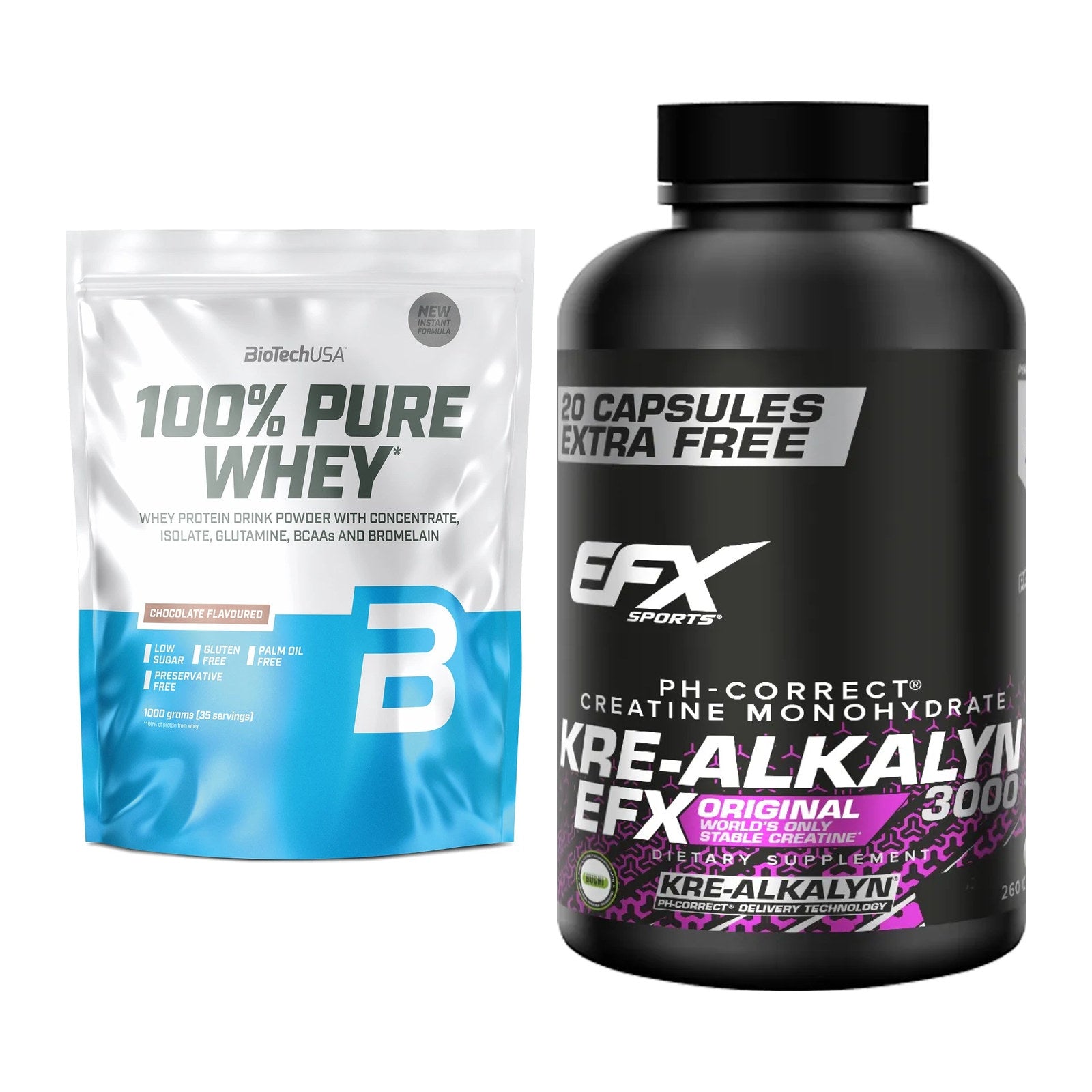 Muskelaufbau-Set: BioTech 100% Pure Whey + EFX Kre-Alkalyn 3000 – alle enthaltenen Artikel