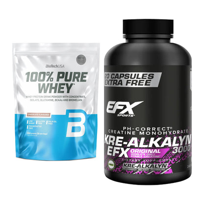 Muskelaufbau-Set: BioTech 100% Pure Whey + EFX Kre-Alkalyn 3000 – alle enthaltenen Artikel
