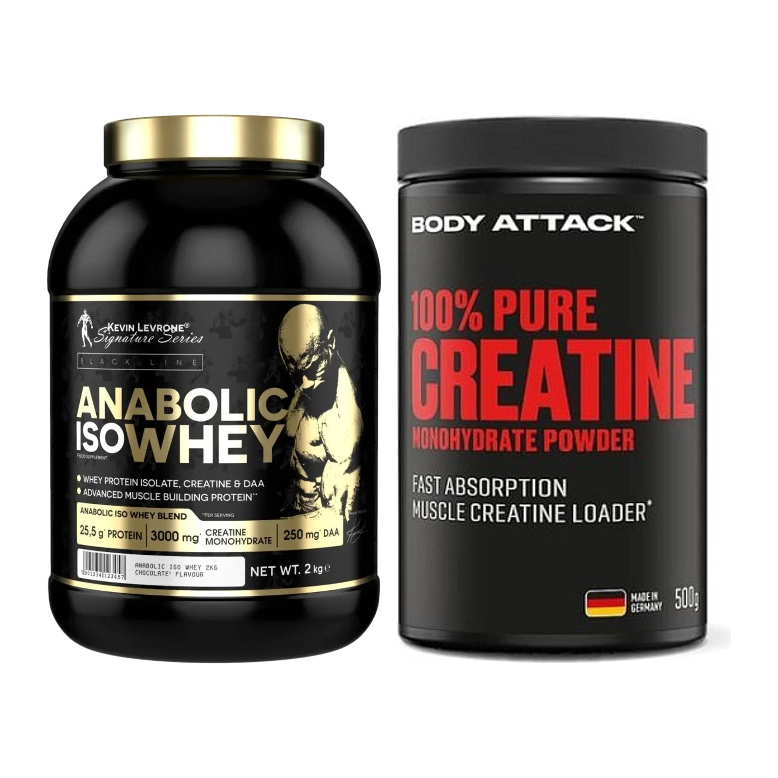 Muskelaufbau-Set: Kevin Levrone Anabolic + Body Attack 100% Pure – alle enthaltenen Artikel