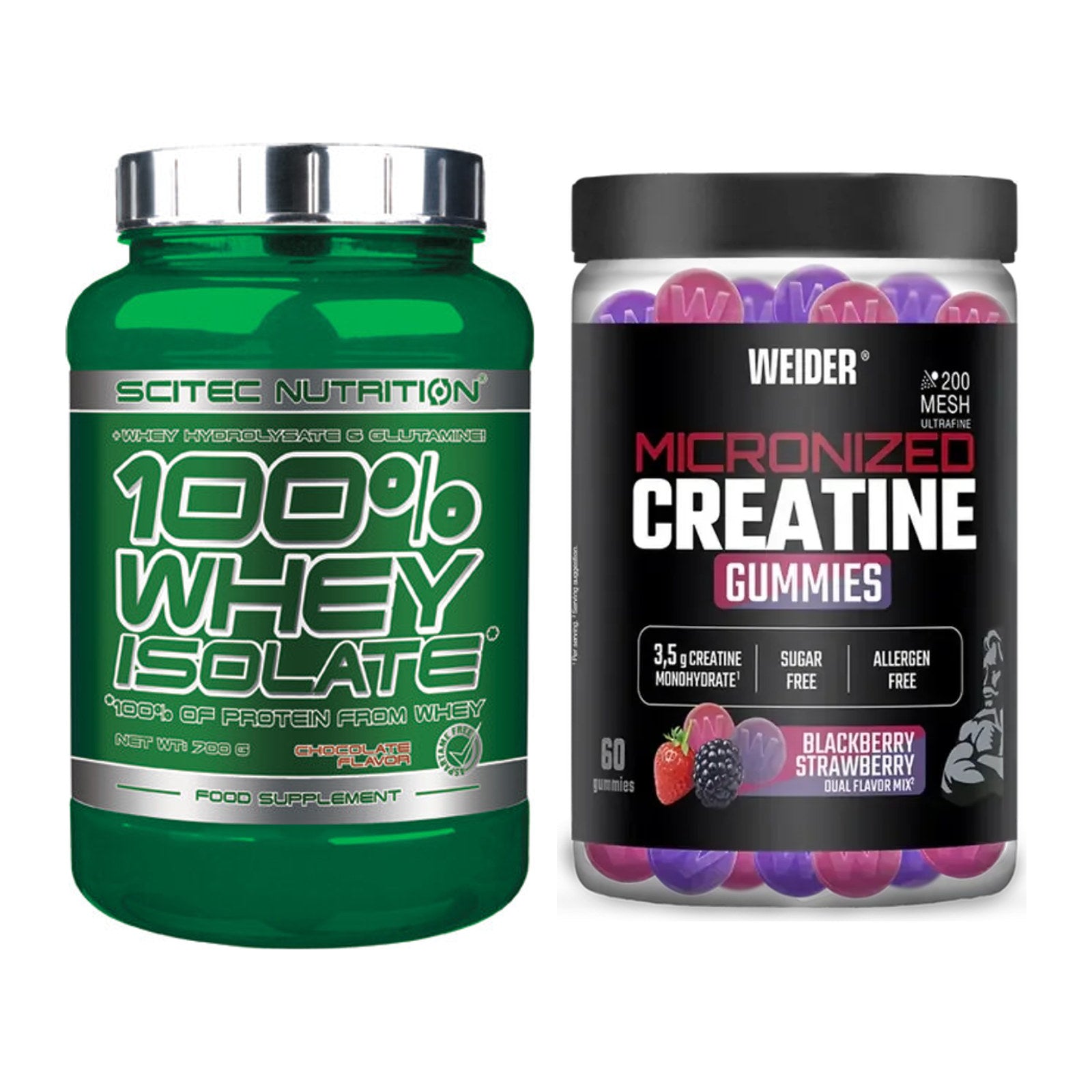 Muskelaufbau-Set: Scitec Whey Isolate + Weider Micronized – alle enthaltenen Artikel