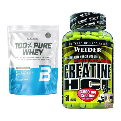 Muskelaufbau-Set: BioTech 100% Pure Whey + Weider Creatin HCL – alle enthaltenen Artikel