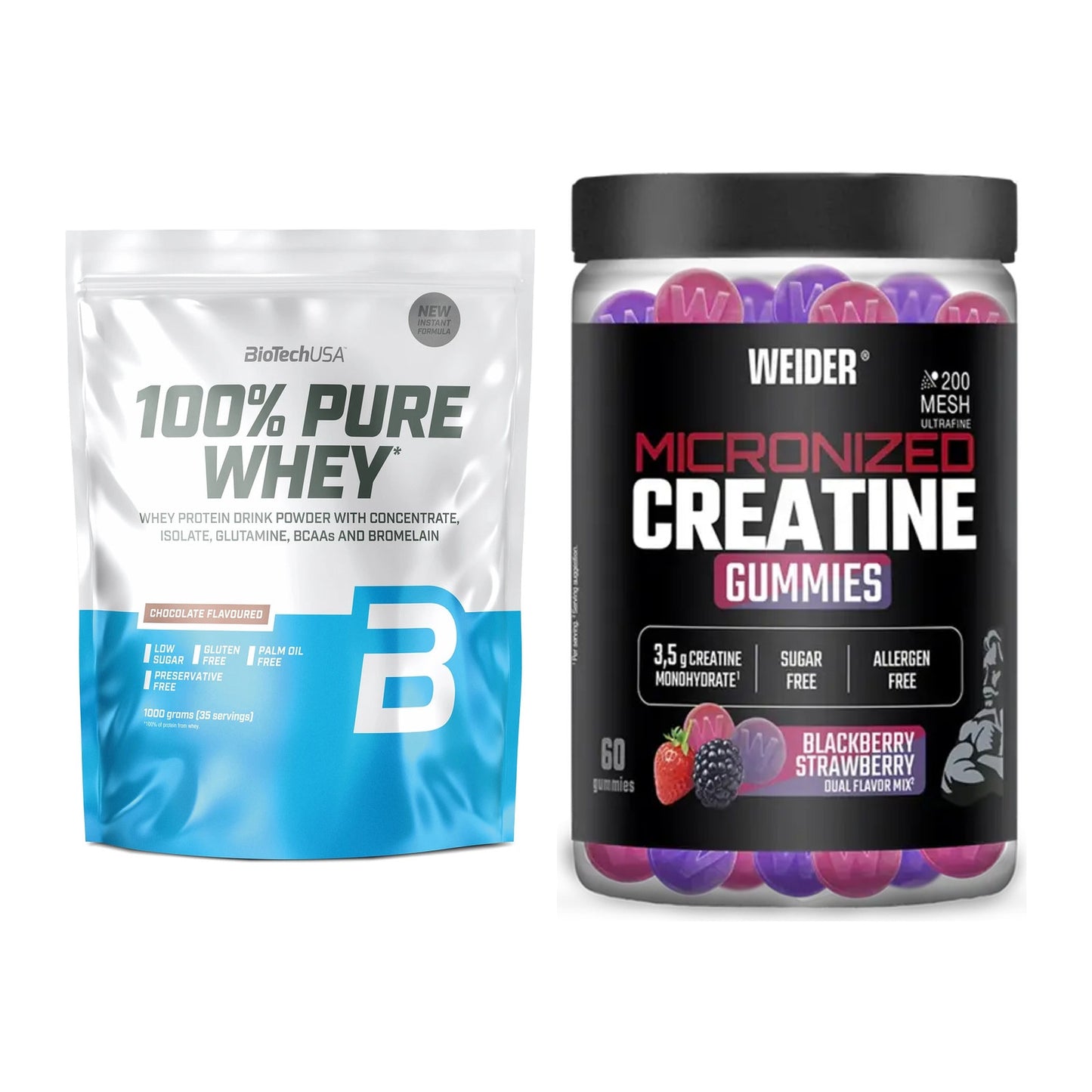 Muskelaufbau-Set: BioTech 100% Pure Whey + Weider Micronized – alle enthaltenen Artikel