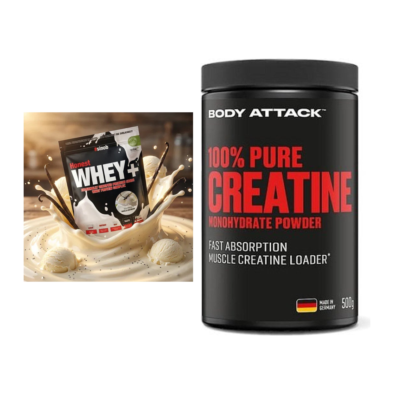 Muskelaufbau-Set: Sinob Honest Whey+ + Body Attack 100% Pure Creatine – alle enthaltenen Artikel