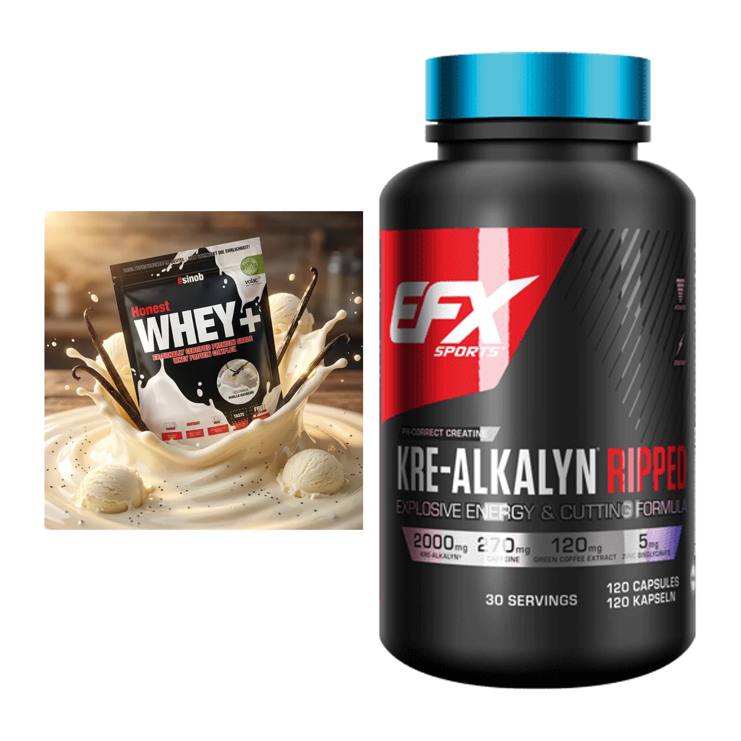 Muskelaufbau-Set: Sinob Honest Whey+ + EFX Kre-Alkalyn Ripped Kapsel – alle enthaltenen Artikel