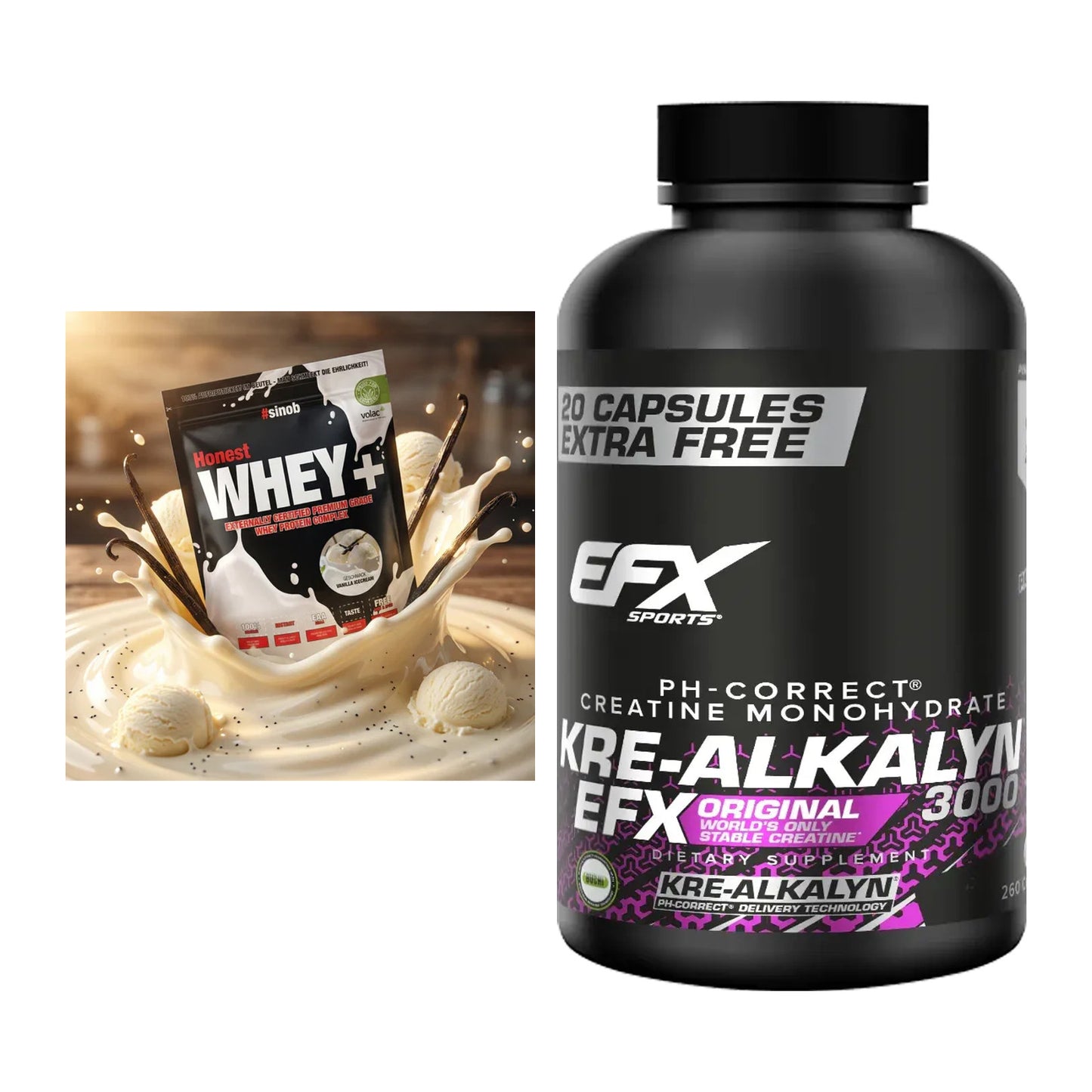 Muskelaufbau-Set: Sinob Honest Whey+ + EFX Kre-Alkalyn 3000 – alle enthaltenen Artikel