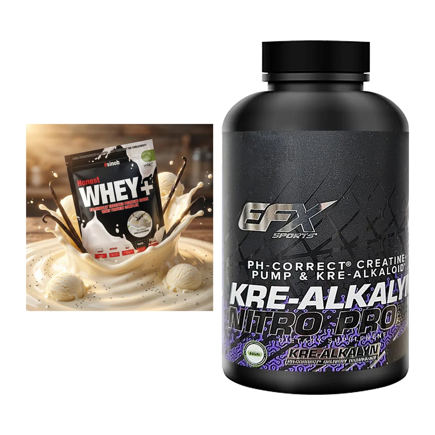 Muskelaufbau-Set: Sinob Honest Whey+ + EFX Kre-Alkalyn PRO 120 – alle enthaltenen Artikel