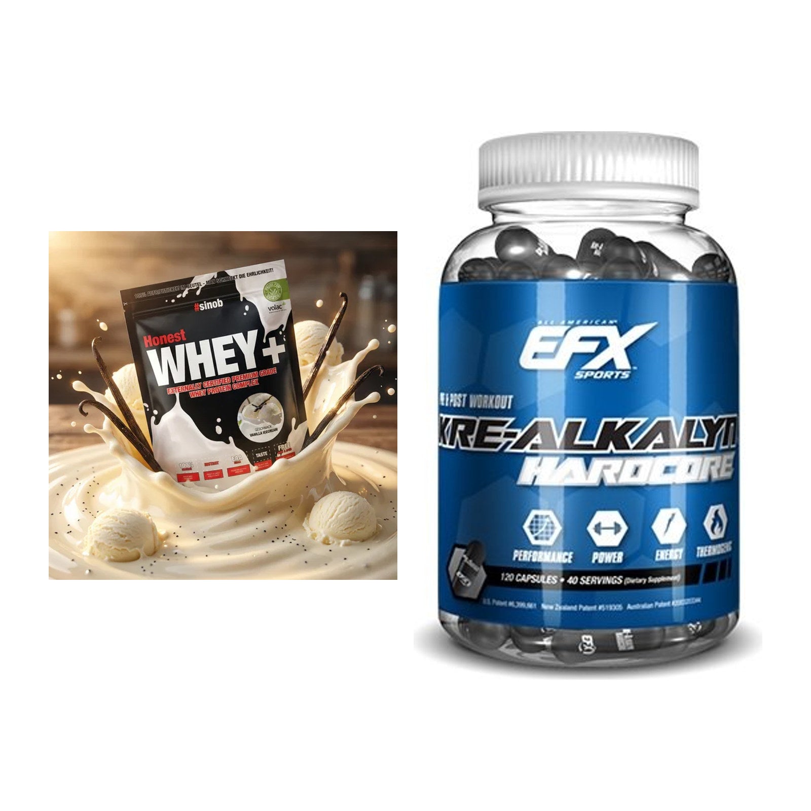 Muskelaufbau-Set: Sinob Honest Whey+ + EFX Kre-Alkalyn Hardcore – alle enthaltenen Artikel