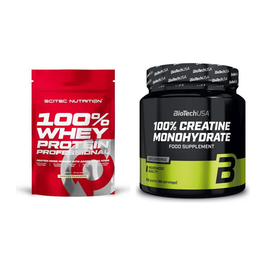 Muskelaufbau-Set: Scitec 100% Whey Protein + BioTech Creatine – alle enthaltenen Artikel